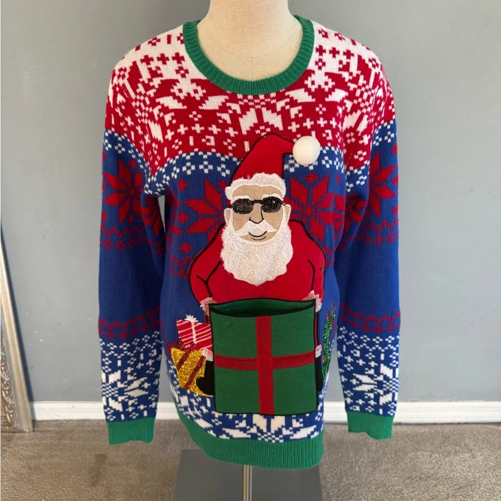Ugly Christmas Sweater/Holiday Santa Crewneck Sweater - Red, Blue, Green